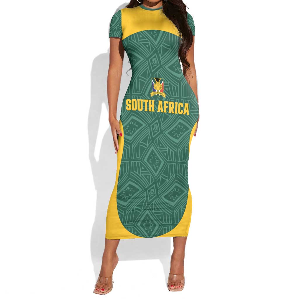 Custom South Africa Soccer Short Sleeve Bodycon Dress Bafana Bafana Spirit African Pattern - Wonder Print Shop