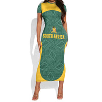 Custom South Africa Soccer Short Sleeve Bodycon Dress Bafana Bafana Spirit African Pattern - Wonder Print Shop