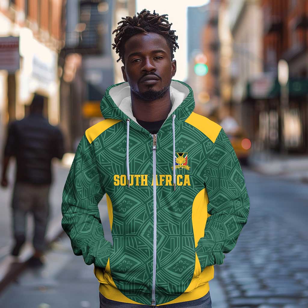Custom South Africa Soccer Zip Hoodie Bafana Bafana Spirit African Pattern - Wonder Print Shop