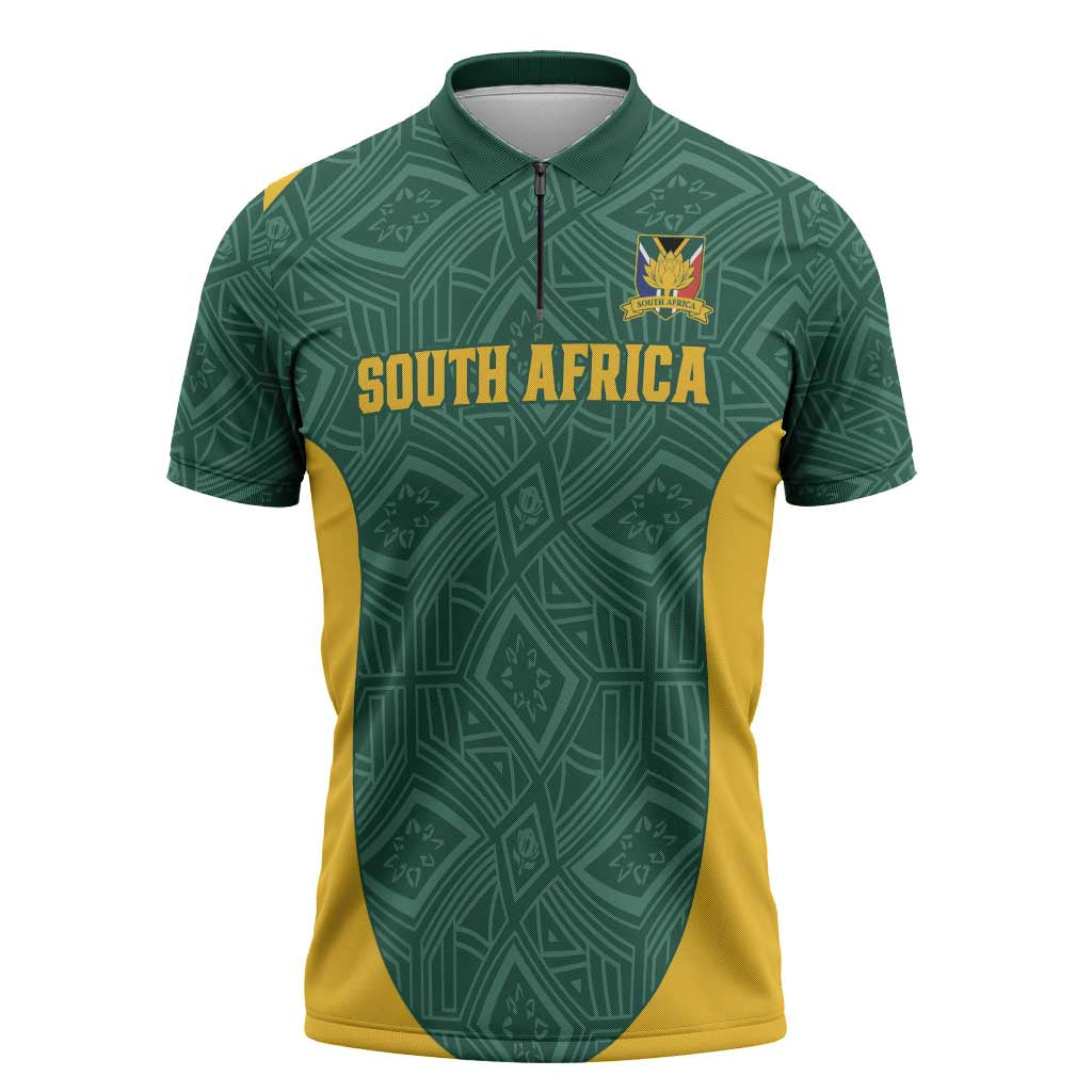 Custom South Africa Soccer Zipper Polo Shirt Bafana Bafana Spirit African Pattern - Wonder Print Shop