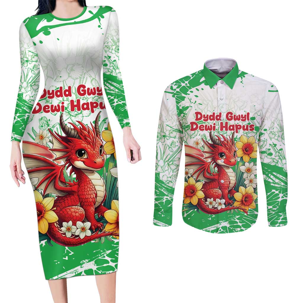 Wales Saint David’s Day Personalized Couples Matching Long Sleeve Bodycon Dress and Long Sleeve Button Shirt Funny Welsh Dragon Daffodil - Wonder Print Shop