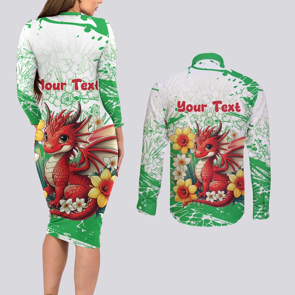 Wales Saint David’s Day Personalized Couples Matching Long Sleeve Bodycon Dress and Long Sleeve Button Shirt Funny Welsh Dragon Daffodil - Wonder Print Shop