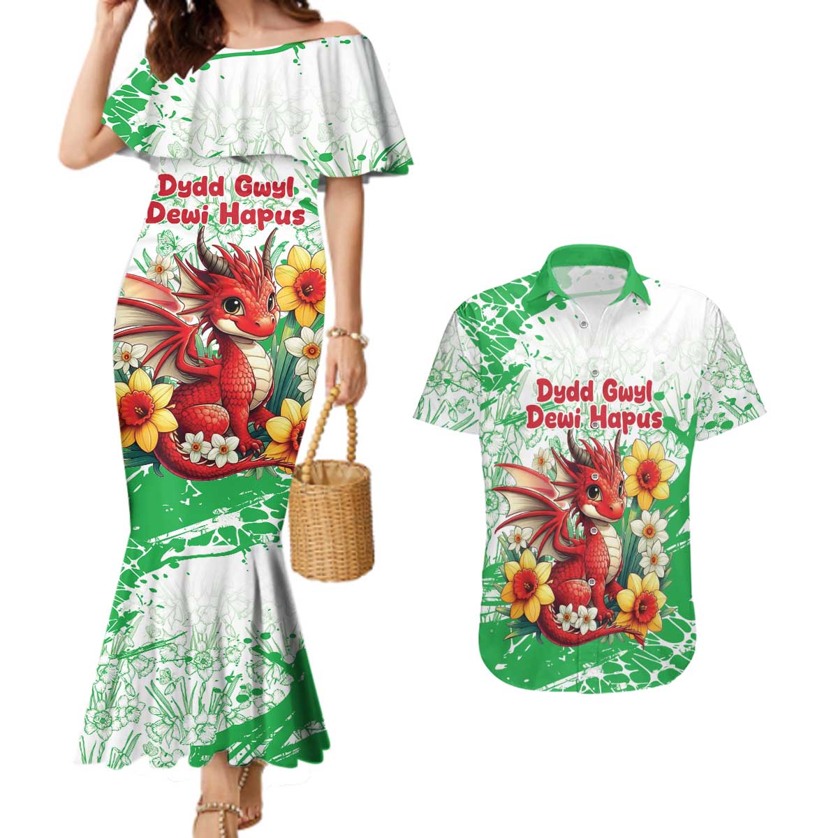 Wales Saint David’s Day Personalized Couples Matching Mermaid Dress and Hawaiian Shirt Funny Welsh Dragon Daffodil - Wonder Print Shop