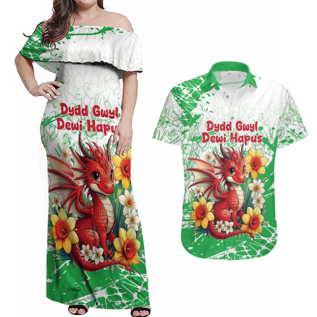 Wales Saint David’s Day Personalized Couples Matching Off Shoulder Maxi Dress and Hawaiian Shirt Funny Welsh Dragon Daffodil - Wonder Print Shop