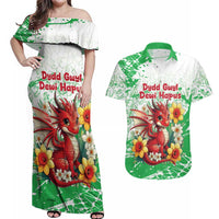 Wales Saint David’s Day Personalized Couples Matching Off Shoulder Maxi Dress and Hawaiian Shirt Funny Welsh Dragon Daffodil - Wonder Print Shop