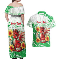 Wales Saint David’s Day Personalized Couples Matching Off Shoulder Maxi Dress and Hawaiian Shirt Funny Welsh Dragon Daffodil - Wonder Print Shop