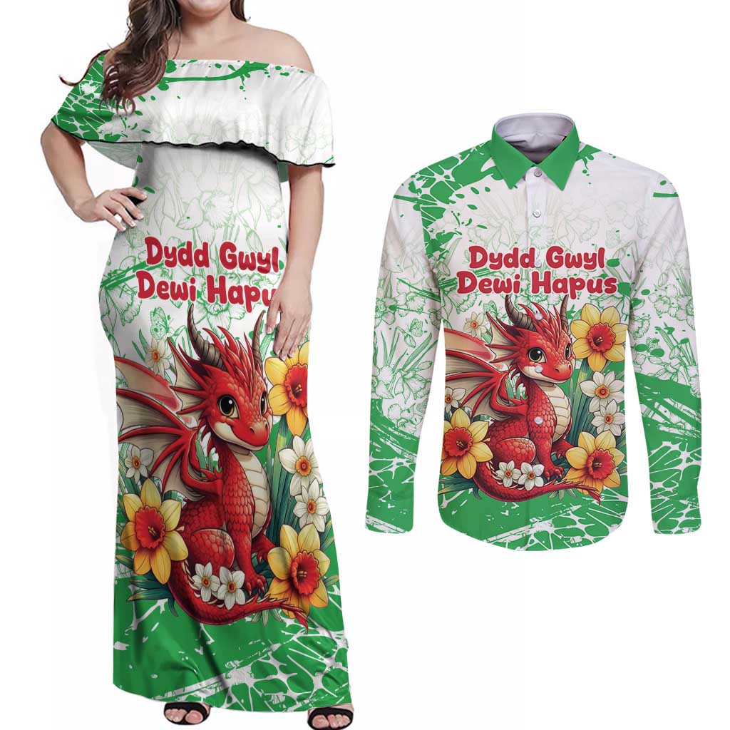 Wales Saint David’s Day Personalized Couples Matching Off Shoulder Maxi Dress and Long Sleeve Button Shirt Funny Welsh Dragon Daffodil - Wonder Print Shop