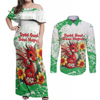 Wales Saint David’s Day Personalized Couples Matching Off Shoulder Maxi Dress and Long Sleeve Button Shirt Funny Welsh Dragon Daffodil - Wonder Print Shop