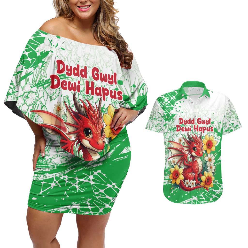 Wales Saint David’s Day Personalized Couples Matching Off Shoulder Short Dress and Hawaiian Shirt Funny Welsh Dragon Daffodil - Wonder Print Shop
