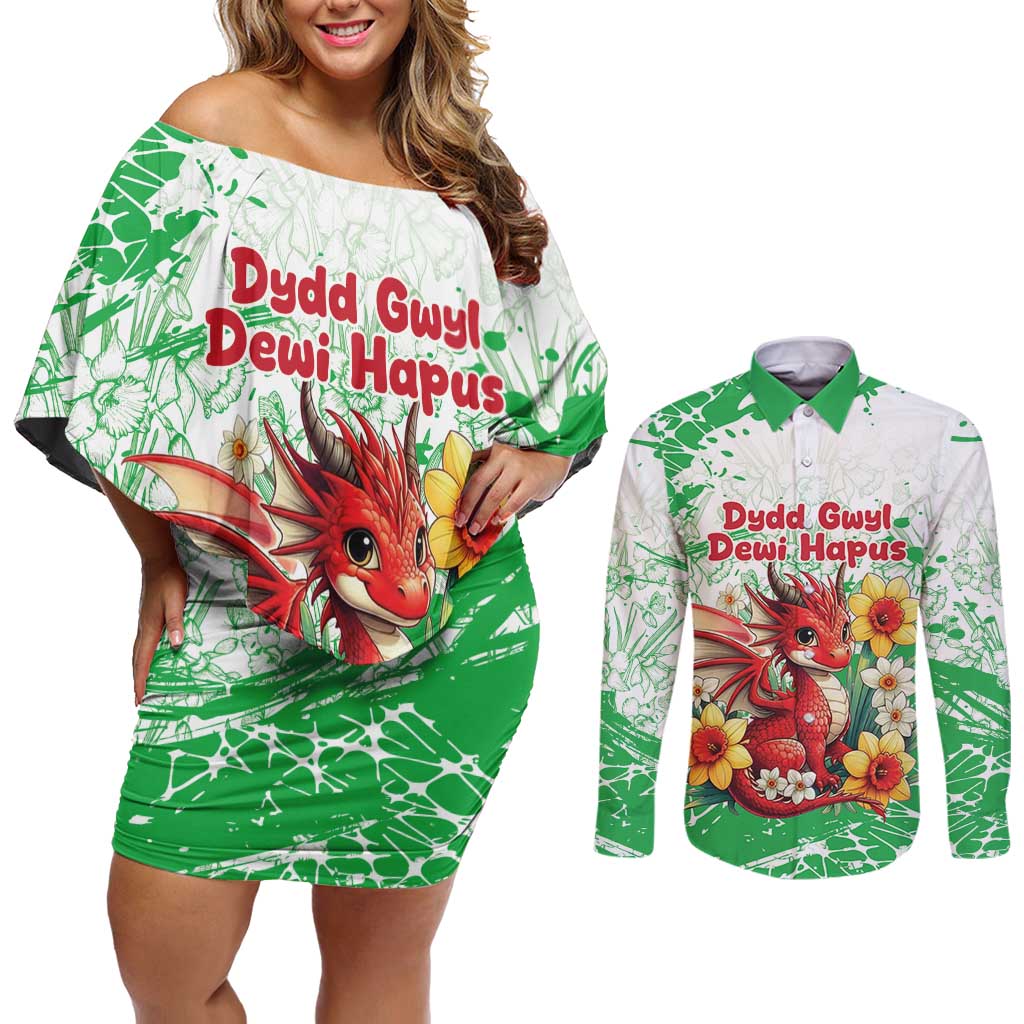 Wales Saint David’s Day Personalized Couples Matching Off Shoulder Short Dress and Long Sleeve Button Shirt Funny Welsh Dragon Daffodil - Wonder Print Shop