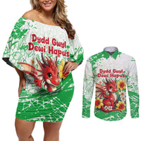 Wales Saint David’s Day Personalized Couples Matching Off Shoulder Short Dress and Long Sleeve Button Shirt Funny Welsh Dragon Daffodil - Wonder Print Shop