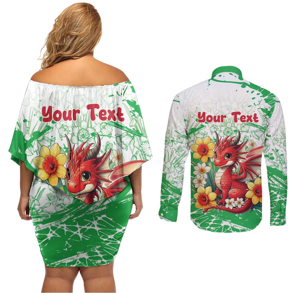 Wales Saint David’s Day Personalized Couples Matching Off Shoulder Short Dress and Long Sleeve Button Shirt Funny Welsh Dragon Daffodil - Wonder Print Shop