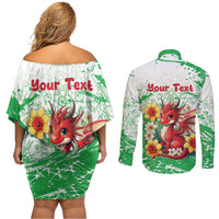 Wales Saint David’s Day Personalized Couples Matching Off Shoulder Short Dress and Long Sleeve Button Shirt Funny Welsh Dragon Daffodil - Wonder Print Shop