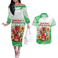 Wales Saint David’s Day Personalized Couples Matching Off The Shoulder Long Sleeve Dress and Hawaiian Shirt Funny Welsh Dragon Daffodil - Wonder Print Shop