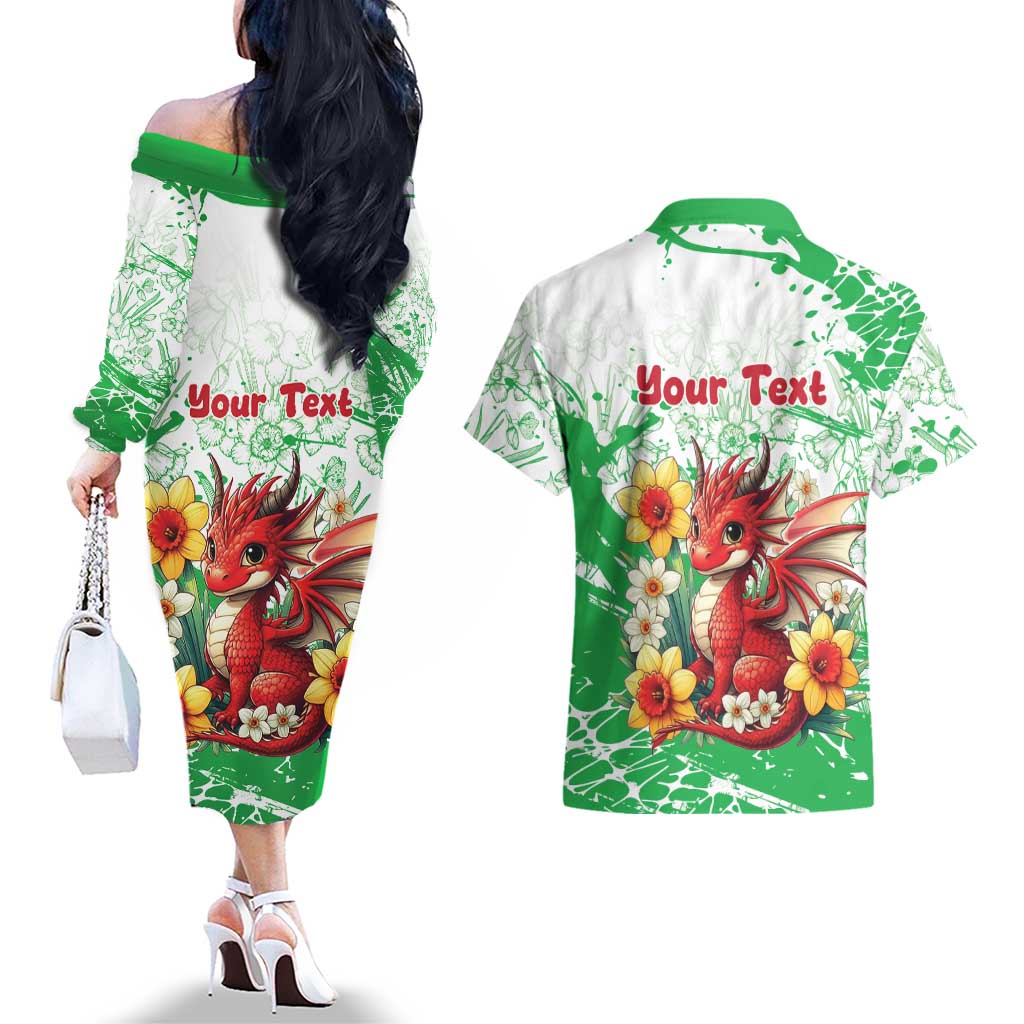 Wales Saint David’s Day Personalized Couples Matching Off The Shoulder Long Sleeve Dress and Hawaiian Shirt Funny Welsh Dragon Daffodil - Wonder Print Shop