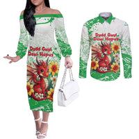 Wales Saint David’s Day Personalized Couples Matching Off The Shoulder Long Sleeve Dress and Long Sleeve Button Shirt Funny Welsh Dragon Daffodil - Wonder Print Shop