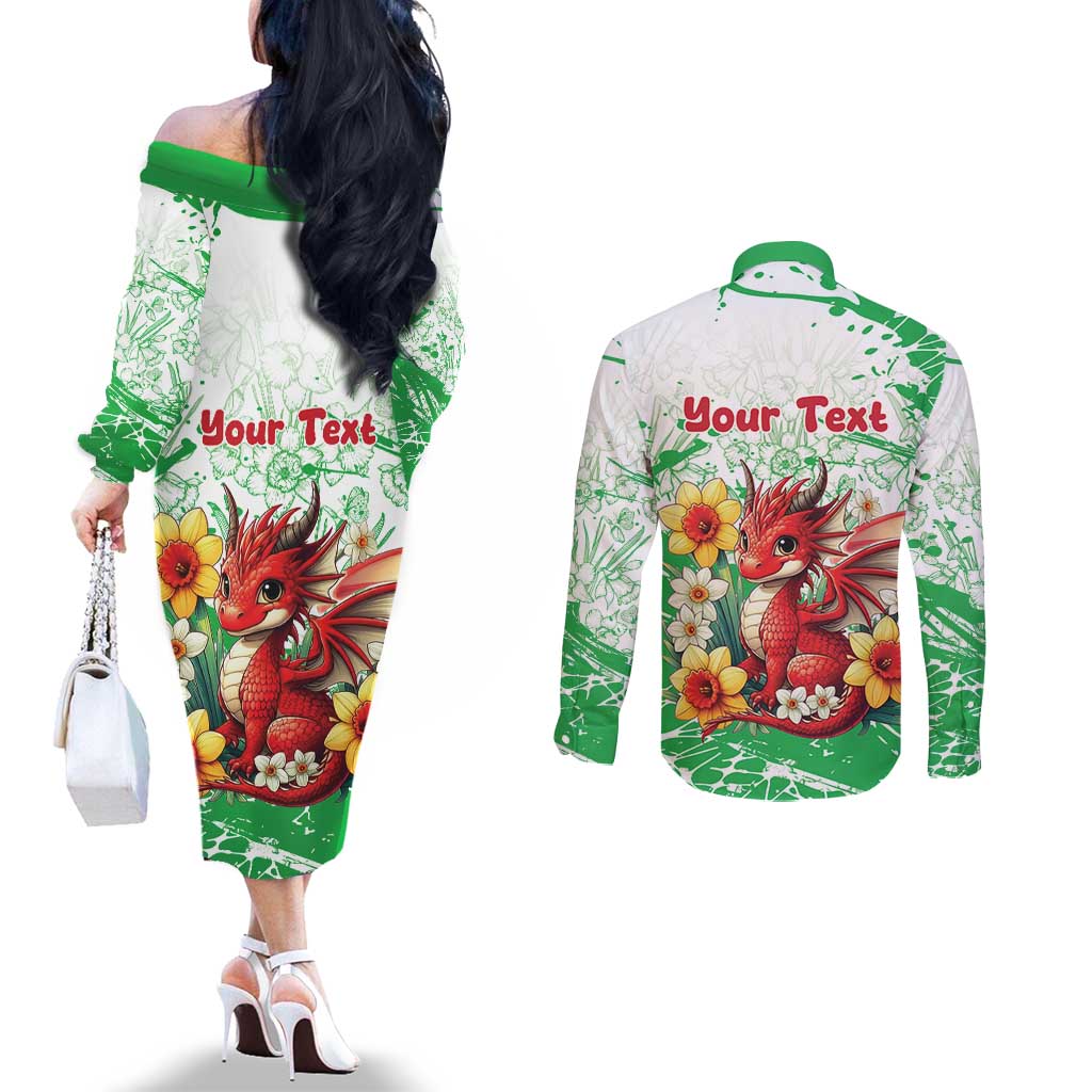 Wales Saint David’s Day Personalized Couples Matching Off The Shoulder Long Sleeve Dress and Long Sleeve Button Shirt Funny Welsh Dragon Daffodil - Wonder Print Shop