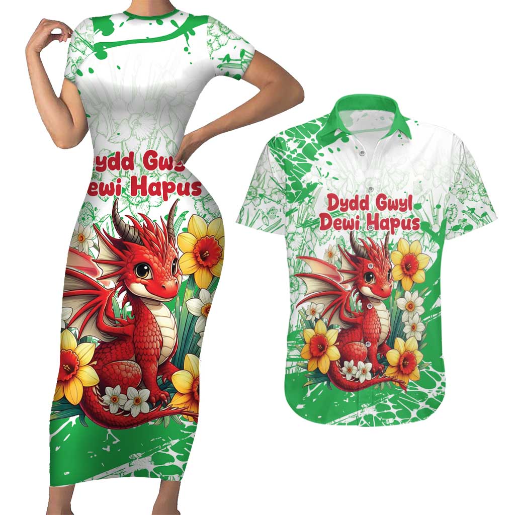 Wales Saint David’s Day Personalized Couples Matching Short Sleeve Bodycon Dress and Hawaiian Shirt Funny Welsh Dragon Daffodil - Wonder Print Shop
