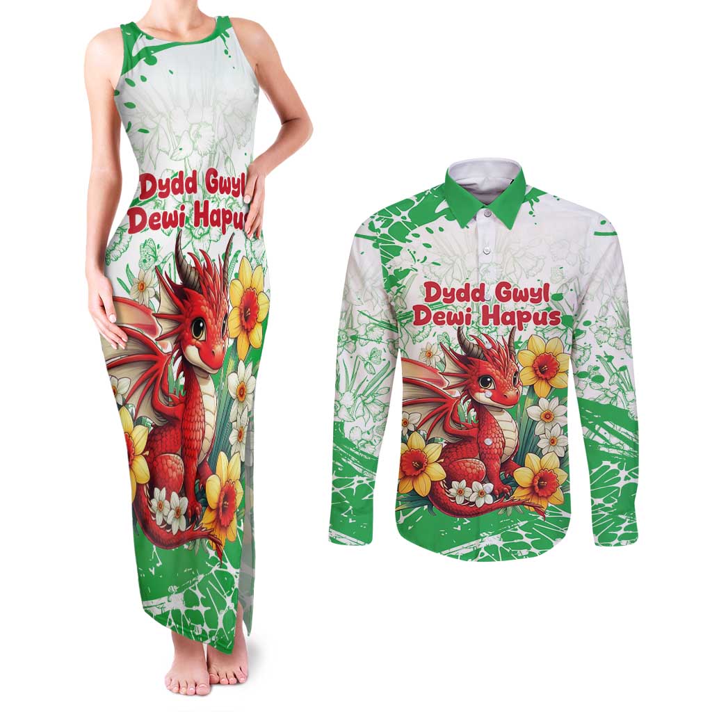 Wales Saint David’s Day Personalized Couples Matching Tank Maxi Dress and Long Sleeve Button Shirt Funny Welsh Dragon Daffodil - Wonder Print Shop
