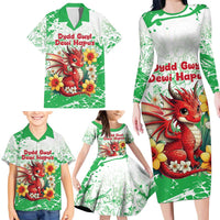 Wales Saint David’s Day Personalized Family Matching Long Sleeve Bodycon Dress and Hawaiian Shirt Funny Welsh Dragon Daffodil - Wonder Print Shop