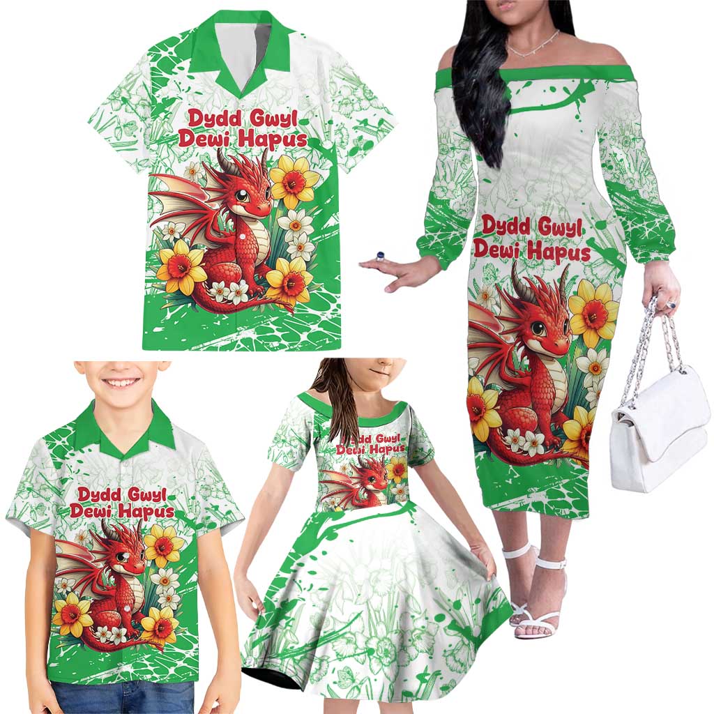 Wales Saint David’s Day Personalized Family Matching Off The Shoulder Long Sleeve Dress and Hawaiian Shirt Funny Welsh Dragon Daffodil - Wonder Print Shop
