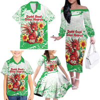 Wales Saint David’s Day Personalized Family Matching Off The Shoulder Long Sleeve Dress and Hawaiian Shirt Funny Welsh Dragon Daffodil - Wonder Print Shop