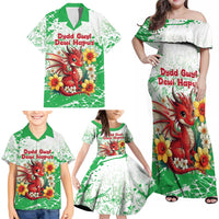 Wales Saint David’s Day Personalized Family Matching Off Shoulder Maxi Dress and Hawaiian Shirt Funny Welsh Dragon Daffodil - Wonder Print Shop
