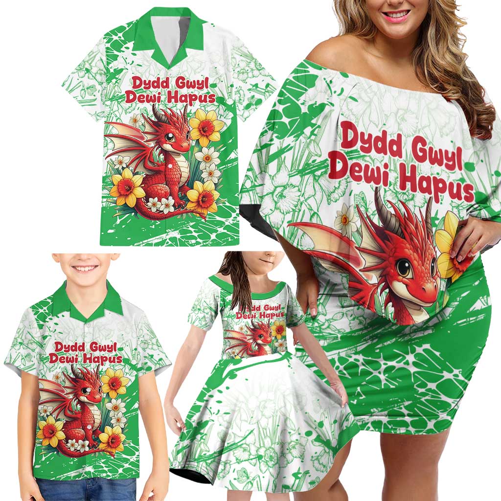 Wales Saint David’s Day Personalized Family Matching Off Shoulder Short Dress and Hawaiian Shirt Funny Welsh Dragon Daffodil - Wonder Print Shop