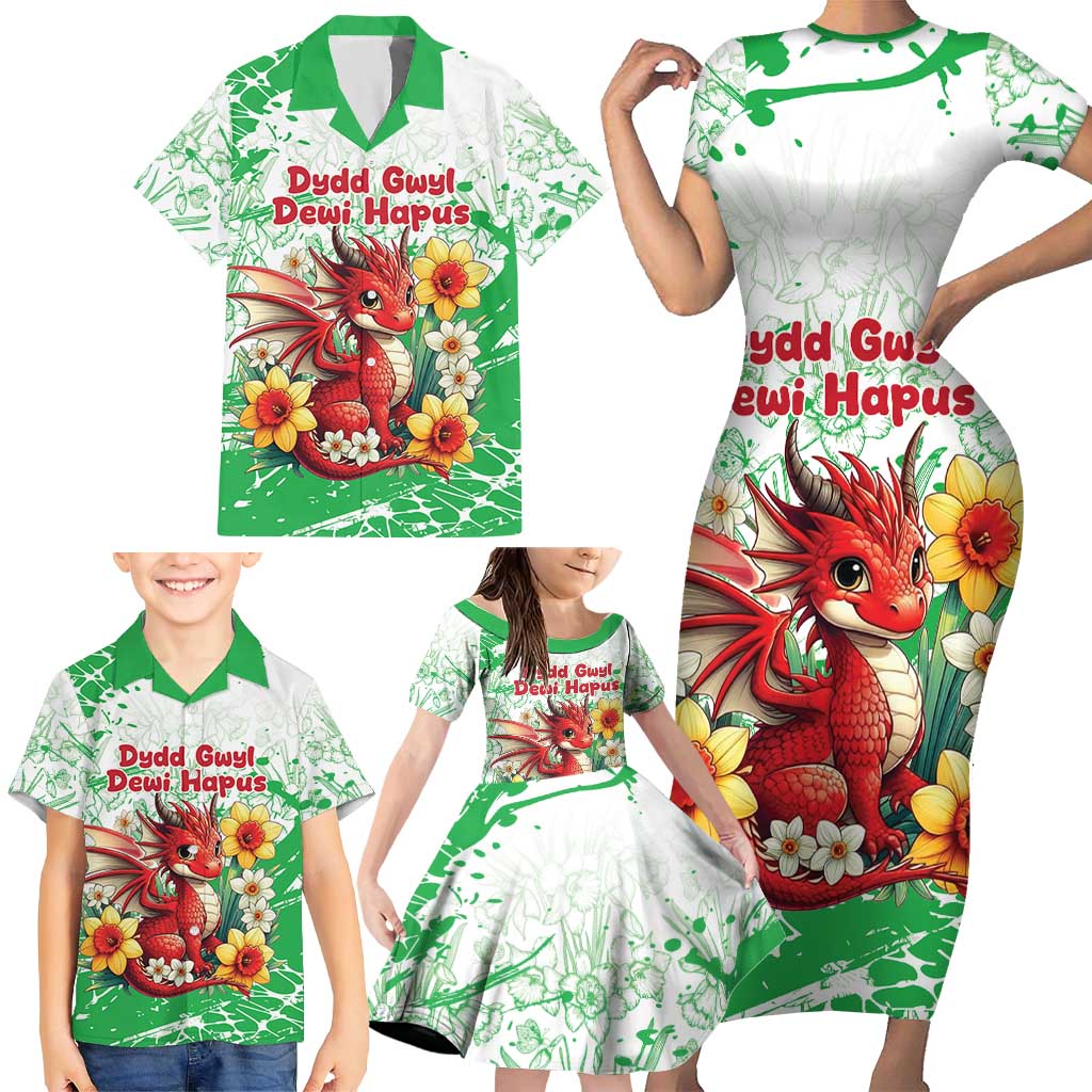 Wales Saint David’s Day Personalized Family Matching Short Sleeve Bodycon Dress and Hawaiian Shirt Funny Welsh Dragon Daffodil - Wonder Print Shop