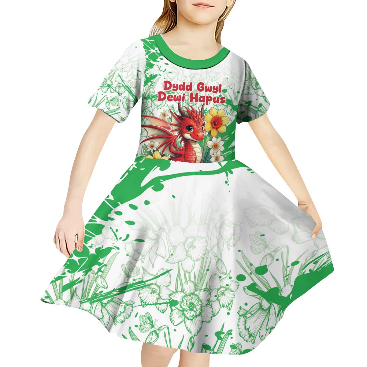 Wales Saint David’s Day Personalized Kid Short Sleeve Dress Funny Welsh Dragon Daffodil - Wonder Print Shop