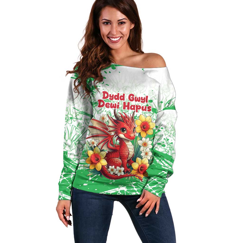 Wales Saint David’s Day Personalized Off Shoulder Sweater Funny Welsh Dragon Daffodil - Wonder Print Shop