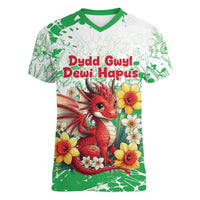 Wales Saint David’s Day Personalized Women V-Neck T-Shirt Funny Welsh Dragon Daffodil - Wonder Print Shop