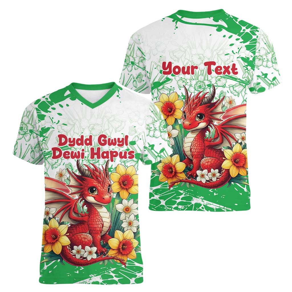 Wales Saint David’s Day Personalized Women V-Neck T-Shirt Funny Welsh Dragon Daffodil - Wonder Print Shop