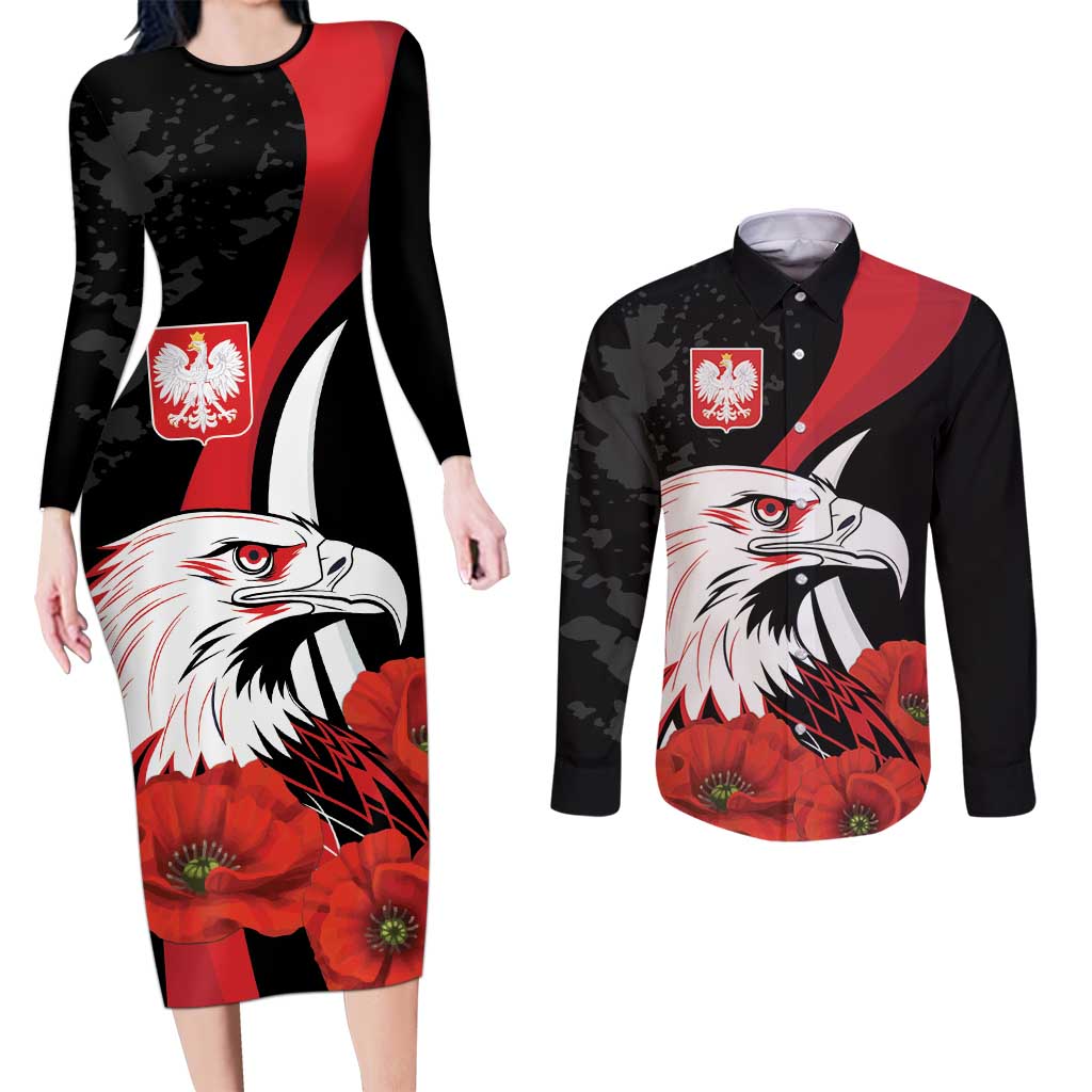 Personalized Poland Eagle Couples Matching Long Sleeve Bodycon Dress and Long Sleeve Button Shirt Rzeczpospolita Polska Poppy Flower