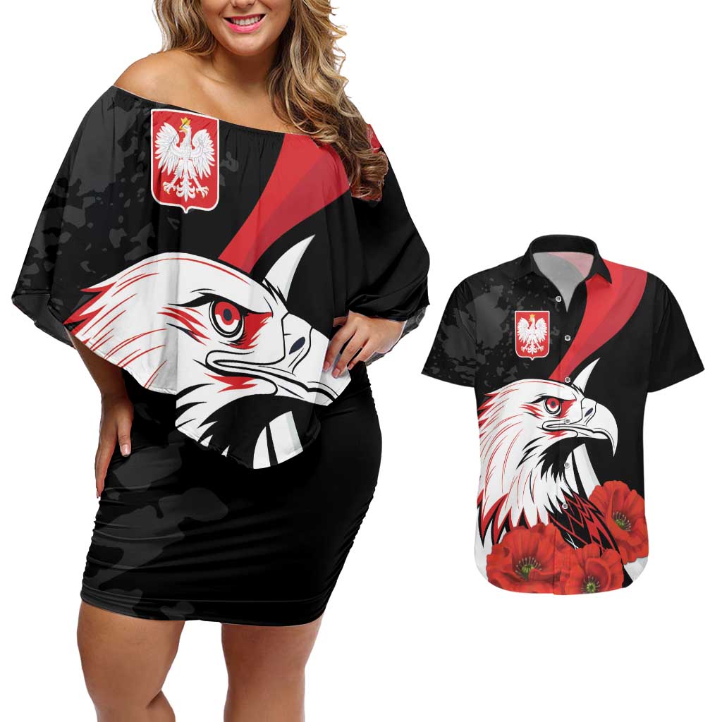 Personalized Poland Eagle Couples Matching Off Shoulder Short Dress and Hawaiian Shirt Rzeczpospolita Polska Poppy Flower
