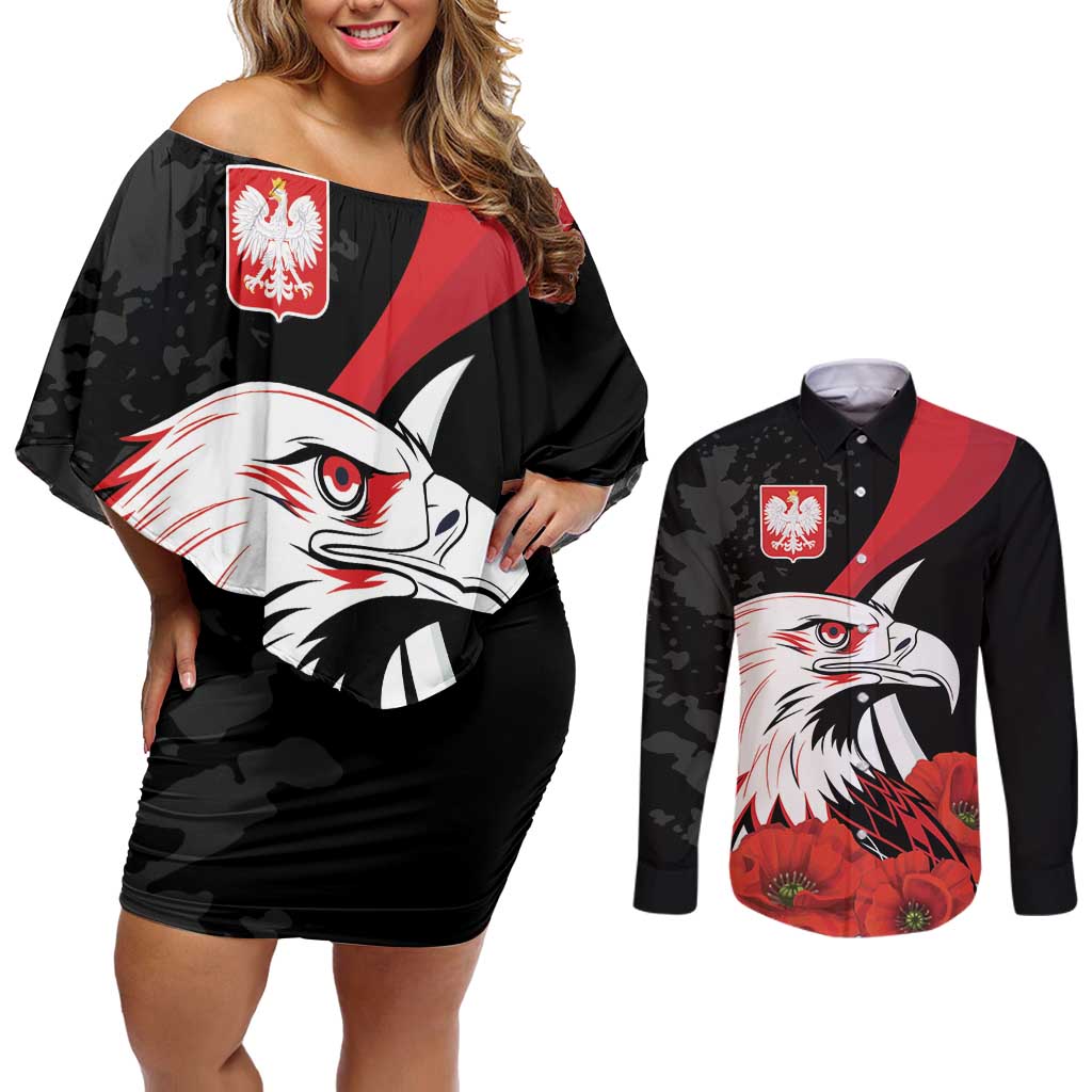 Personalized Poland Eagle Couples Matching Off Shoulder Short Dress and Long Sleeve Button Shirt Rzeczpospolita Polska Poppy Flower
