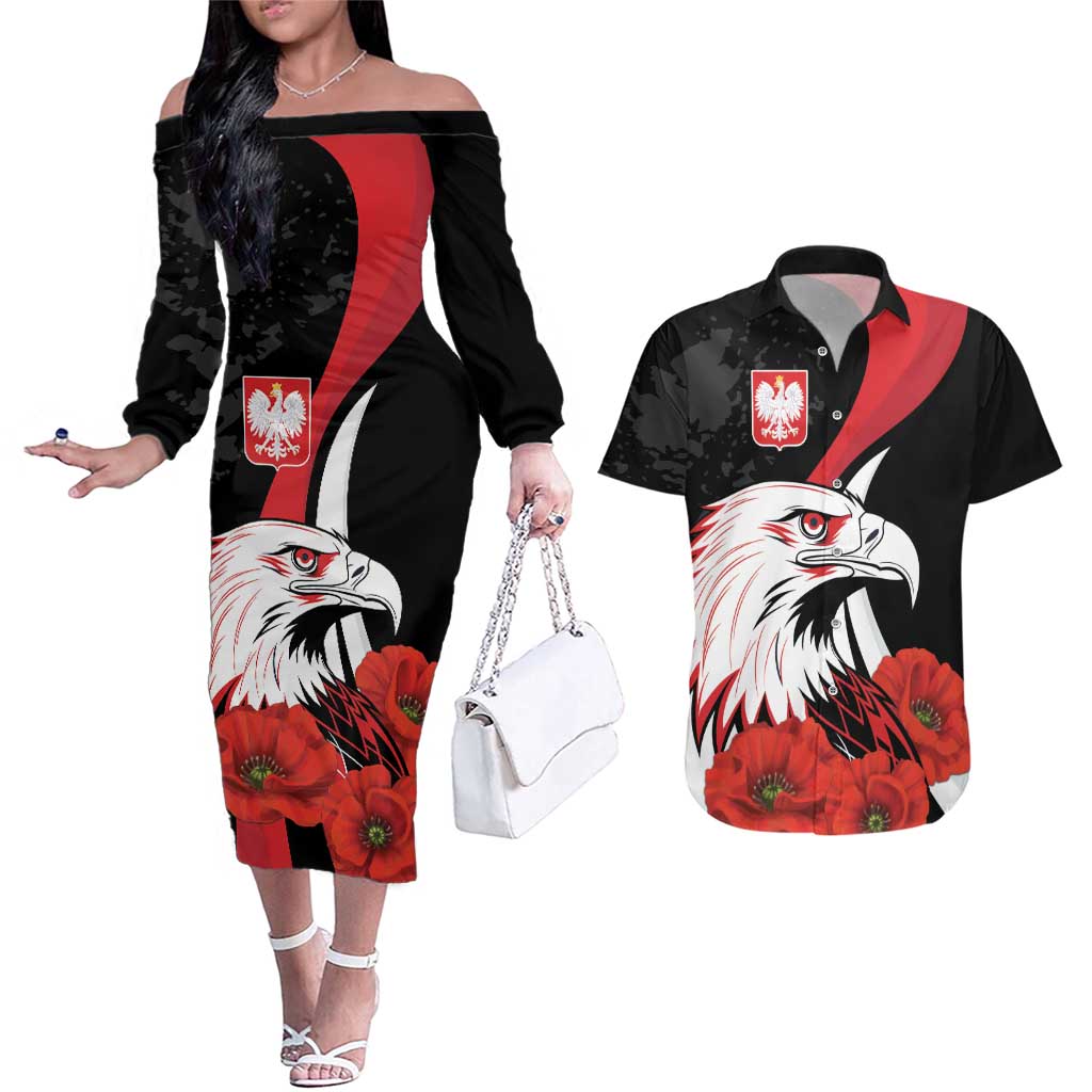 Personalized Poland Eagle Couples Matching Off The Shoulder Long Sleeve Dress and Hawaiian Shirt Rzeczpospolita Polska Poppy Flower