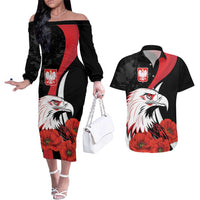 Personalized Poland Eagle Couples Matching Off The Shoulder Long Sleeve Dress and Hawaiian Shirt Rzeczpospolita Polska Poppy Flower