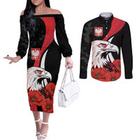 Personalized Poland Eagle Couples Matching Off The Shoulder Long Sleeve Dress and Long Sleeve Button Shirt Rzeczpospolita Polska Poppy Flower