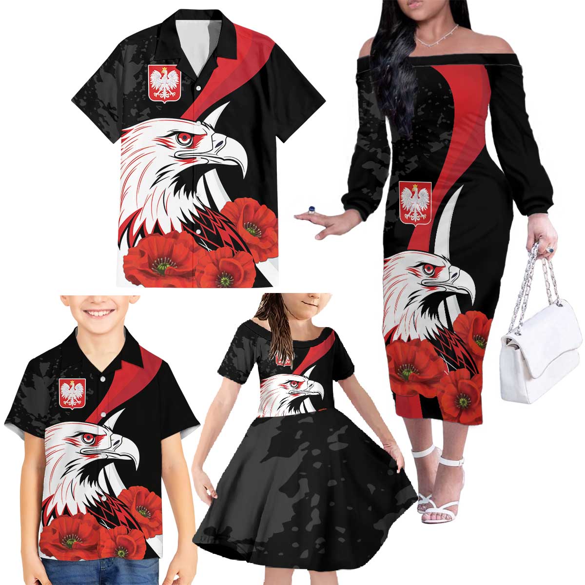 Personalized Poland Eagle Family Matching Off The Shoulder Long Sleeve Dress and Hawaiian Shirt Rzeczpospolita Polska Poppy Flower