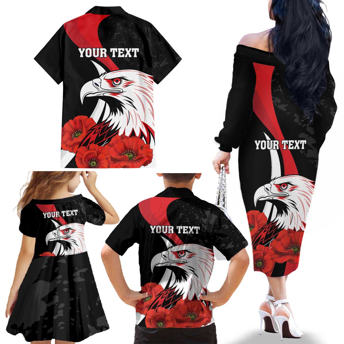 Personalized Poland Eagle Family Matching Off The Shoulder Long Sleeve Dress and Hawaiian Shirt Rzeczpospolita Polska Poppy Flower