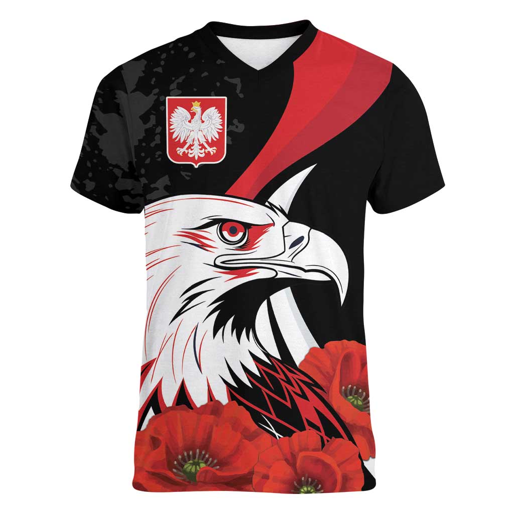 Personalized Poland Eagle Women V-Neck T-Shirt Rzeczpospolita Polska Poppy Flower