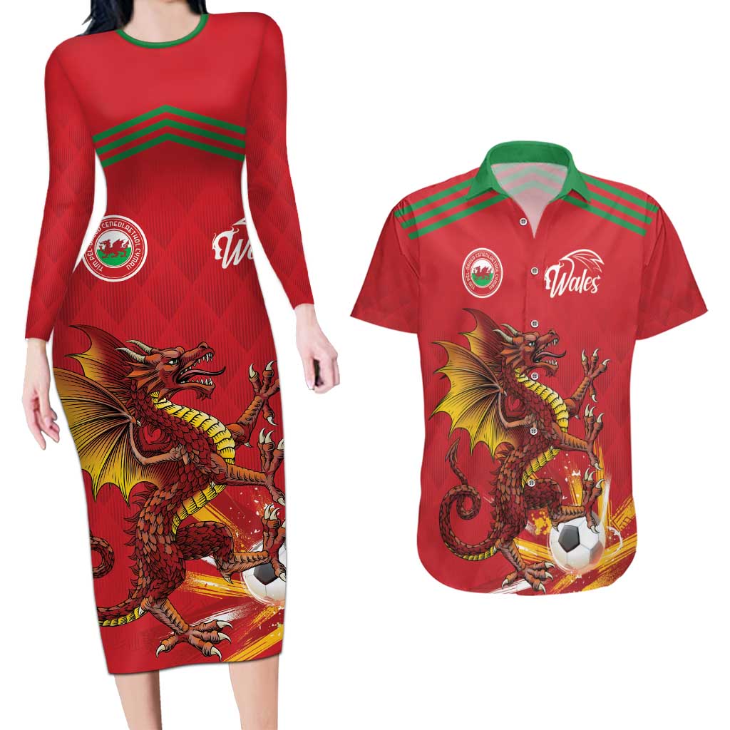 Custom Wales Football Couples Matching Long Sleeve Bodycon Dress and Hawaiian Shirt Y Ddraig Goch Ddyry Cychwyn