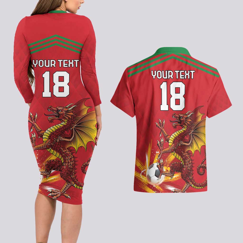 Custom Wales Football Couples Matching Long Sleeve Bodycon Dress and Hawaiian Shirt Y Ddraig Goch Ddyry Cychwyn