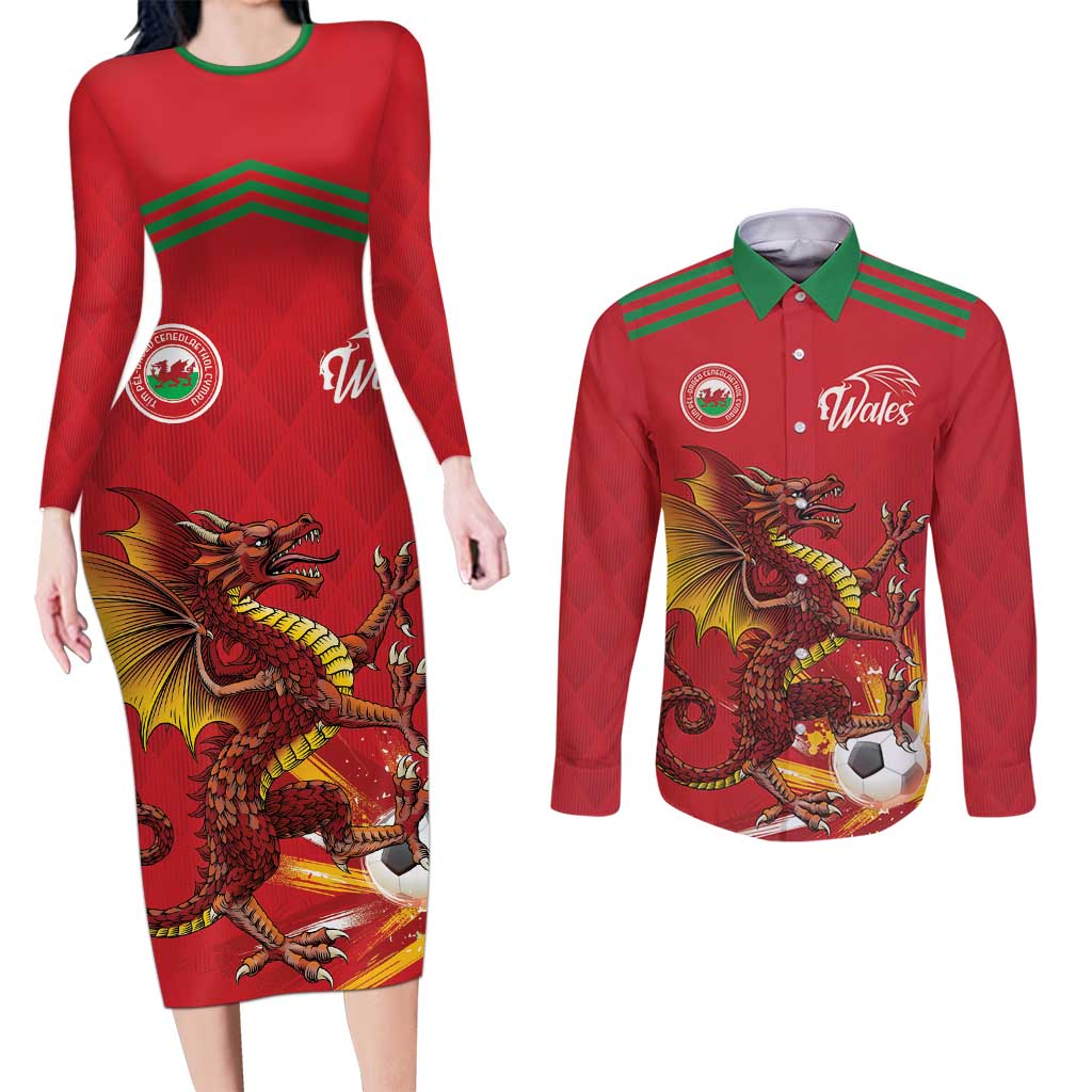 Custom Wales Football Couples Matching Long Sleeve Bodycon Dress and Long Sleeve Button Shirt Y Ddraig Goch Ddyry Cychwyn