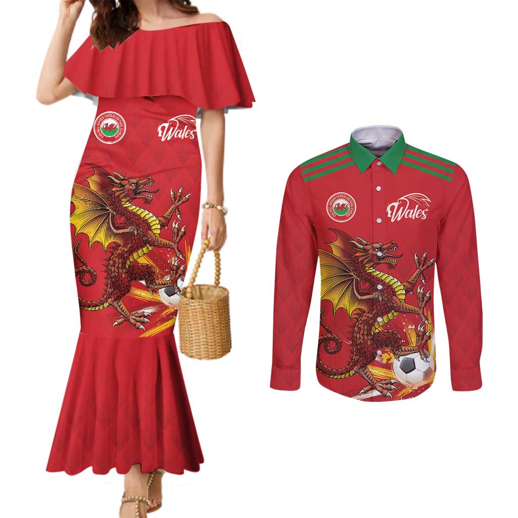Custom Wales Football Couples Matching Mermaid Dress and Long Sleeve Button Shirt Y Ddraig Goch Ddyry Cychwyn