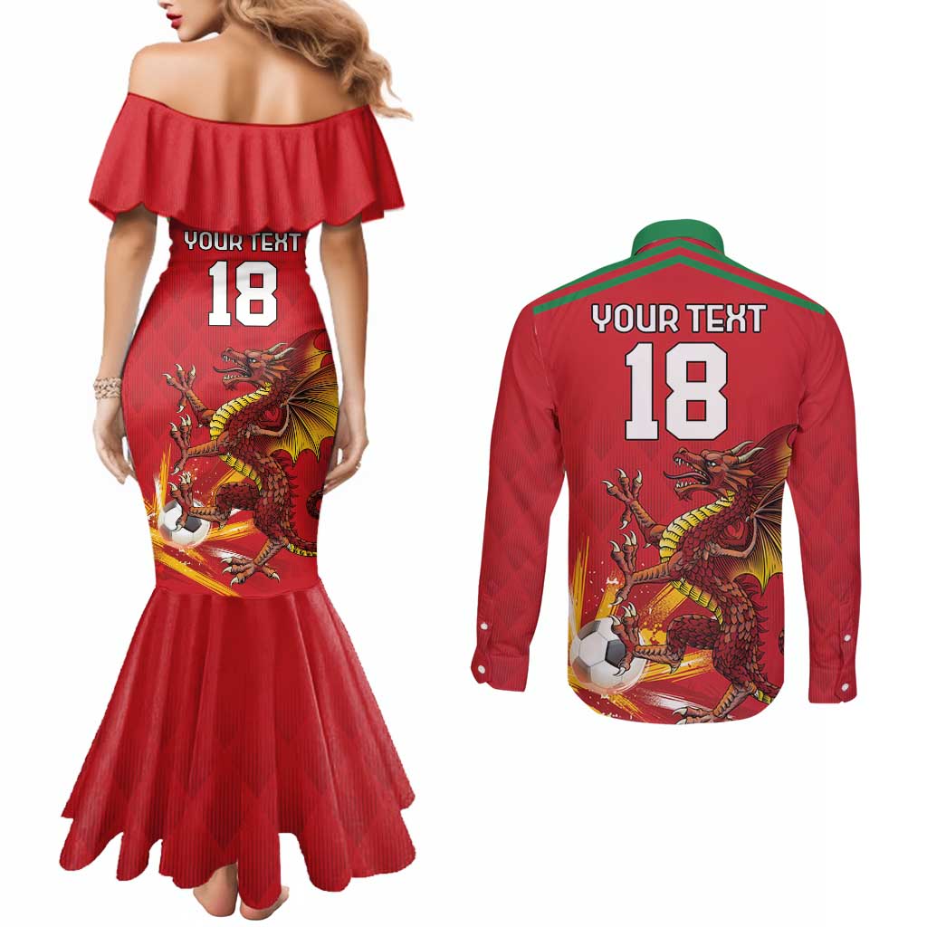 Custom Wales Football Couples Matching Mermaid Dress and Long Sleeve Button Shirt Y Ddraig Goch Ddyry Cychwyn