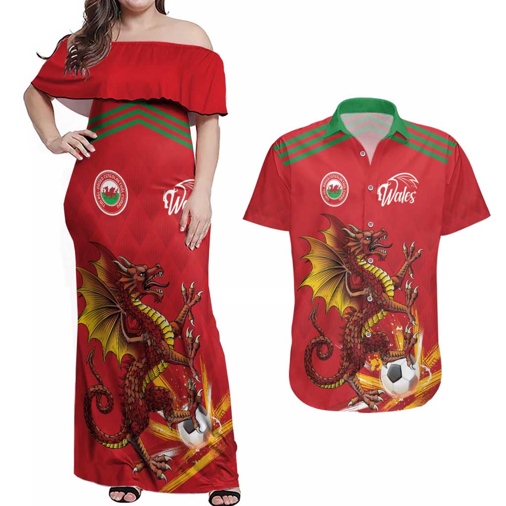 Custom Wales Football Couples Matching Off Shoulder Maxi Dress and Hawaiian Shirt Y Ddraig Goch Ddyry Cychwyn