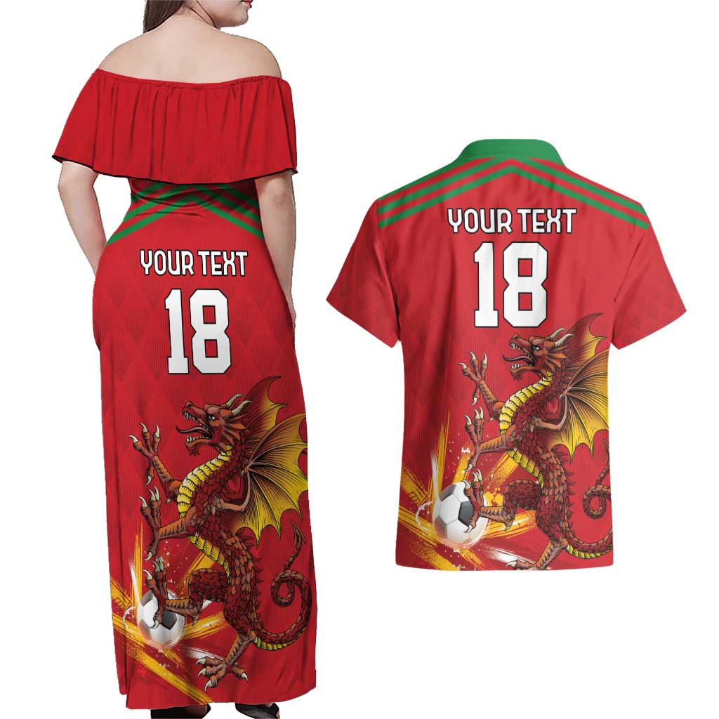 Custom Wales Football Couples Matching Off Shoulder Maxi Dress and Hawaiian Shirt Y Ddraig Goch Ddyry Cychwyn