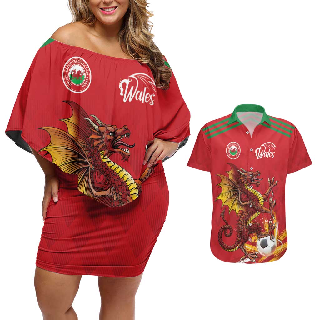 Custom Wales Football Couples Matching Off Shoulder Short Dress and Hawaiian Shirt Y Ddraig Goch Ddyry Cychwyn